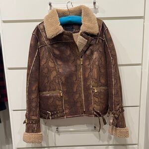 Brown Faux Leather Bomber Jacket Shearling Lining and shimmery python print